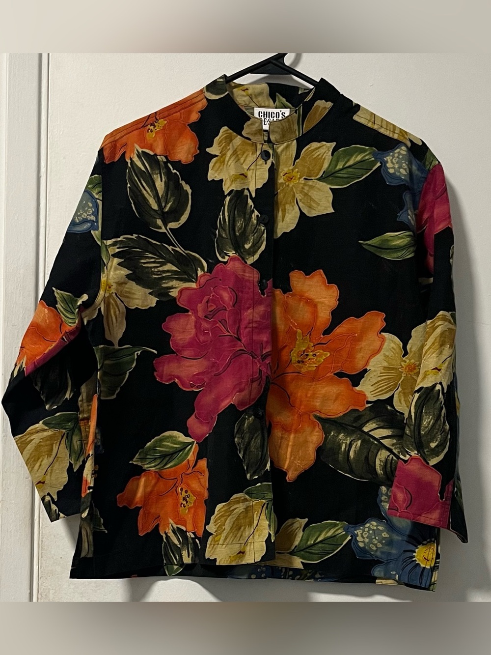 Chico's Black Floral Button-Front Blouse with Orange, Pink & Yellow Blooms